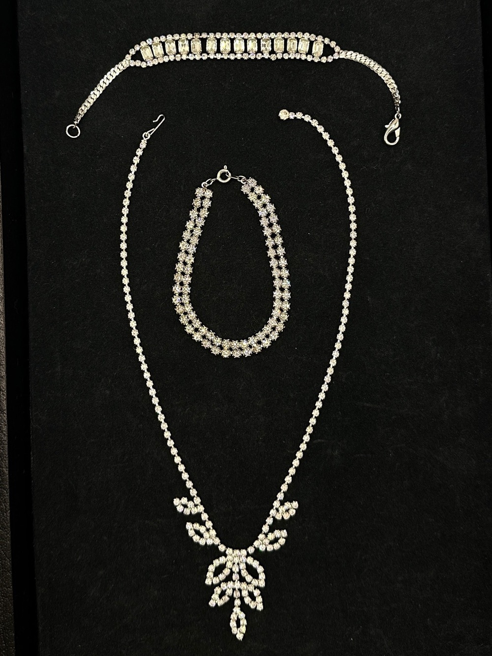 Vintage Bridal Crystal Drop Silver-Tone Necklace & Matching Bracelets 3pc Set